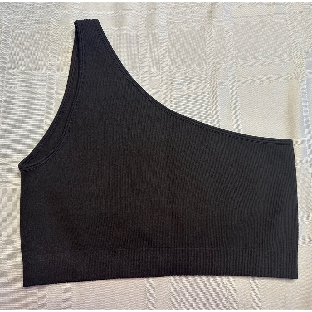 SET ACTIVE Sports Bra Women L Black One Shoulder SCULPTFLEX Ribbed Athletic Top